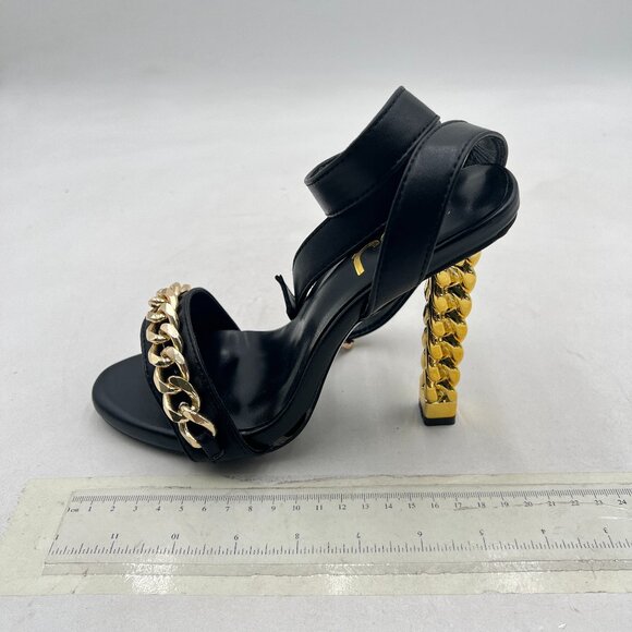 FSJ Black Chain Gold Metal Chain Chunky High Heels Ankle Strap Open Toe Sandals - Picture 2 of 8